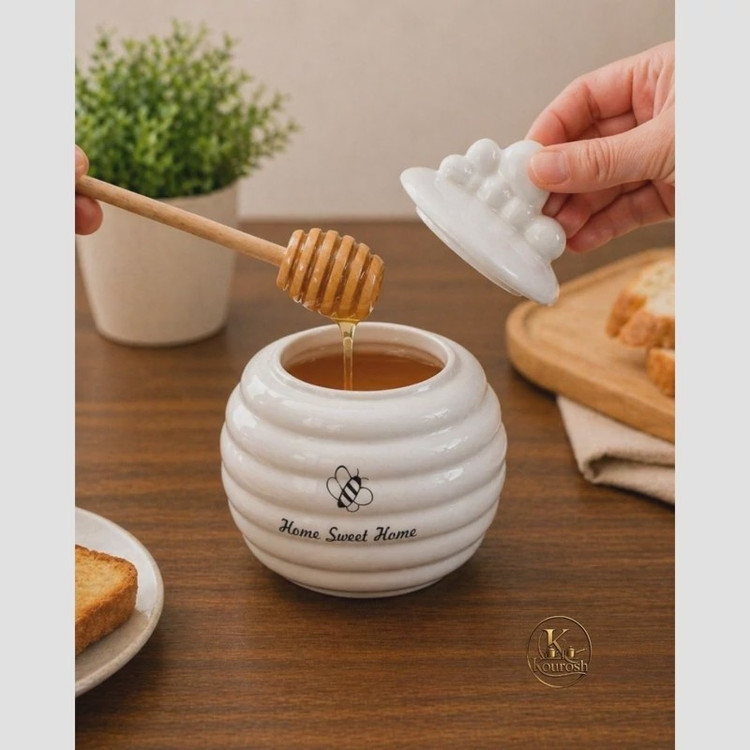 عسل خوری سرامیکی با قاشق چوبی پس کرایه