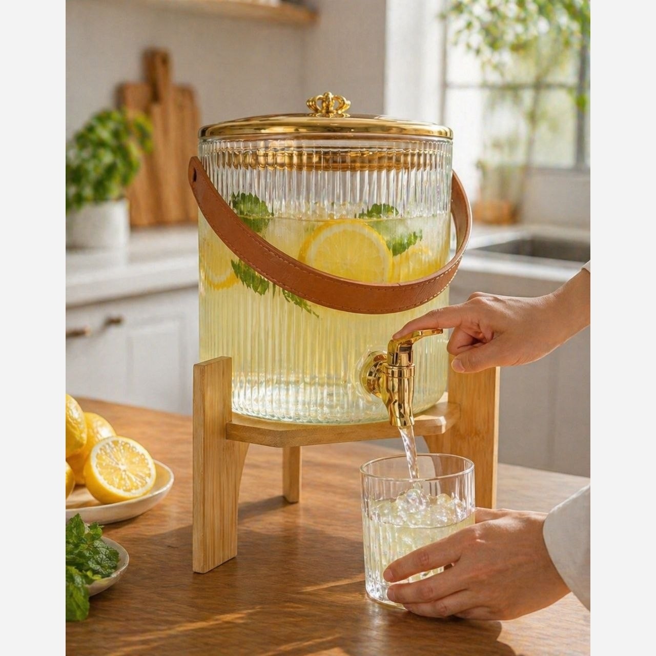 کلمن شربت خوری شیشه ای پایه چوب وارداتی